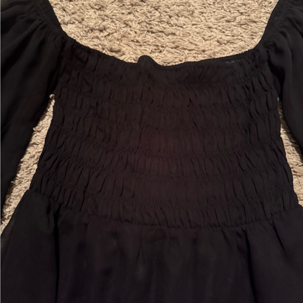 Express Sz Small Black Off or On Chifon Shoulder Mini Dress w/ rouching, ruffles - Picture 3 of 10